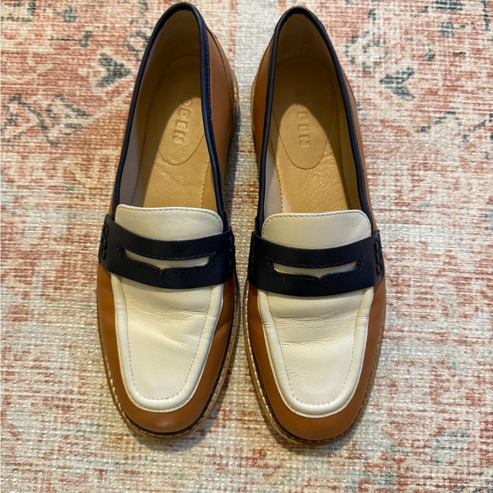 Boden Tan, White, and Black Loafers